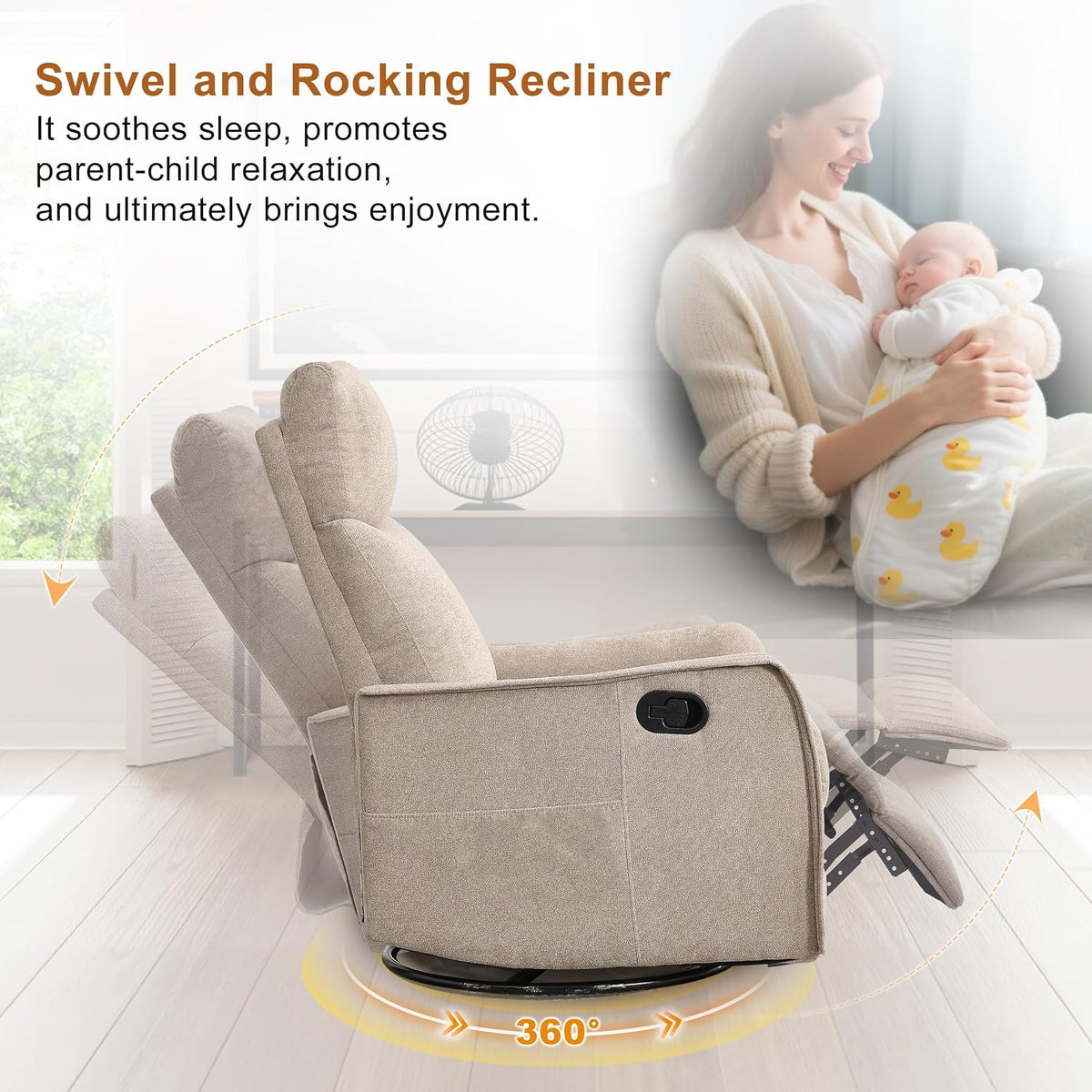 Manual 360° Swivel Rocker Recliner Chair for Adults, Overstuffed Glider Chair for Nursery with Vibration Massage and Heat, Comfy Soft Fabric Glider with Side Pockets for Living Room, Beige