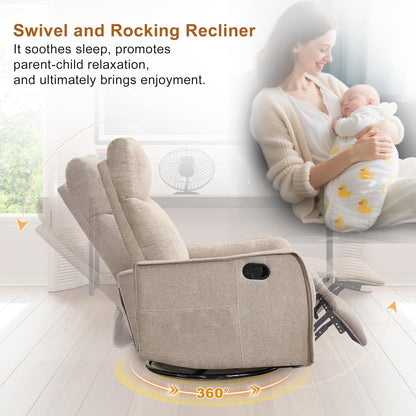Manual 360° Swivel Rocker Recliner Chair for Adults, Overstuffed Glider Chair for Nursery with Vibration Massage and Heat, Comfy Soft Fabric Glider with Side Pockets for Living Room, Beige