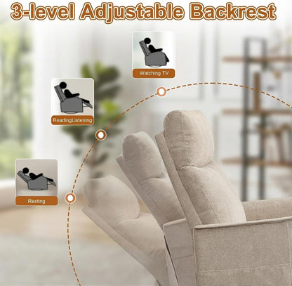 Manual 360° Swivel Rocker Recliner Chair for Adults, Overstuffed Glider Chair for Nursery with Vibration Massage and Heat, Comfy Soft Fabric Glider with Side Pockets for Living Room, Beige