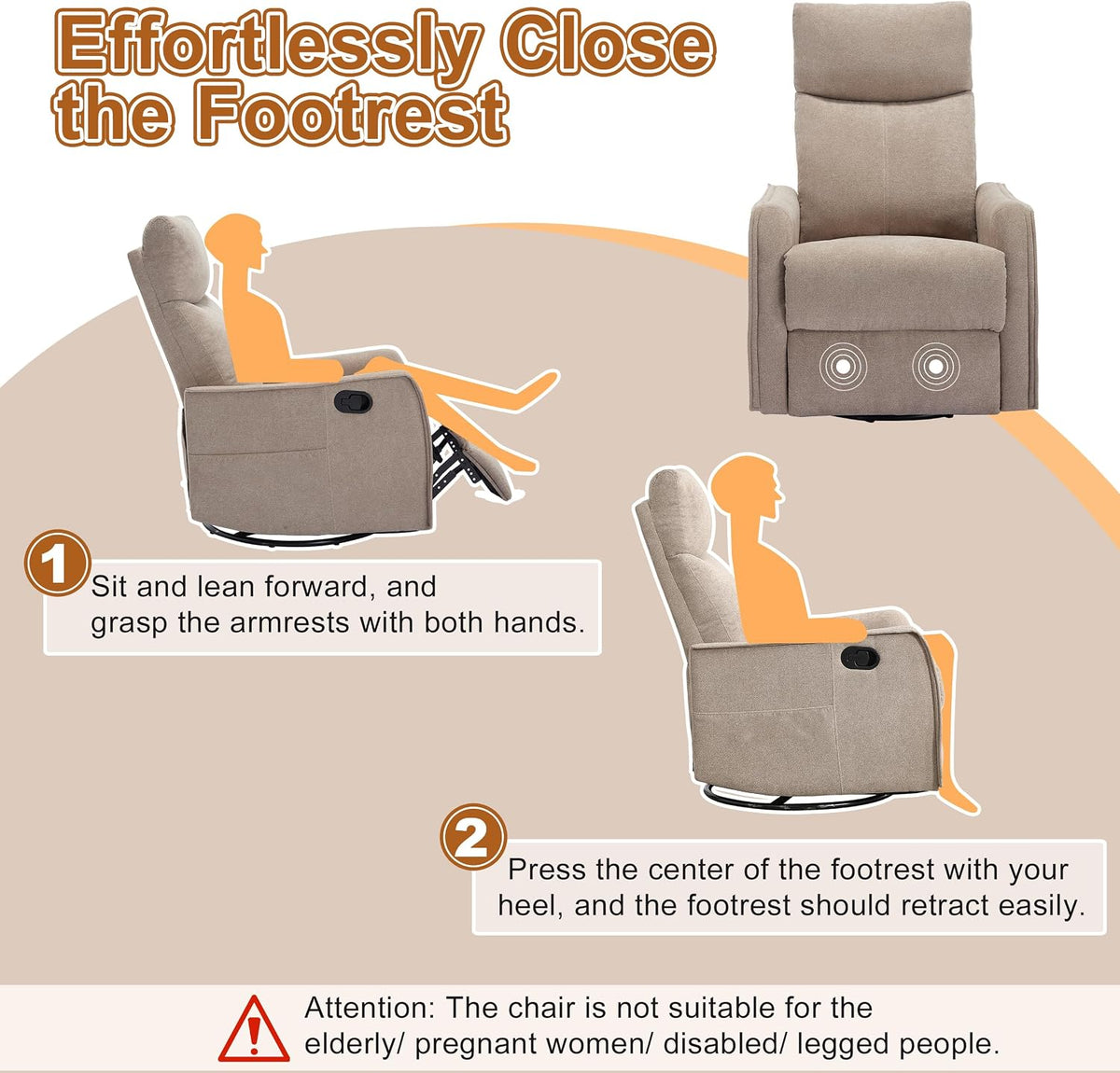 Manual 360° Swivel Rocker Recliner Chair for Adults, Overstuffed Glider Chair for Nursery with Vibration Massage and Heat, Comfy Soft Fabric Glider with Side Pockets for Living Room, Beige