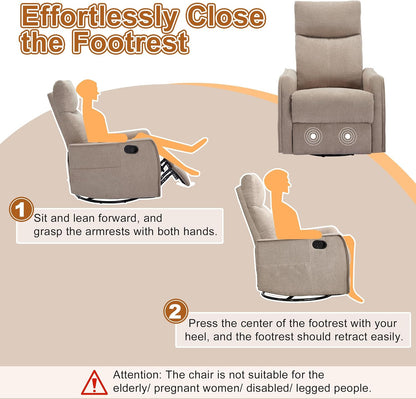 Manual 360° Swivel Rocker Recliner Chair for Adults, Overstuffed Glider Chair for Nursery with Vibration Massage and Heat, Comfy Soft Fabric Glider with Side Pockets for Living Room, Beige