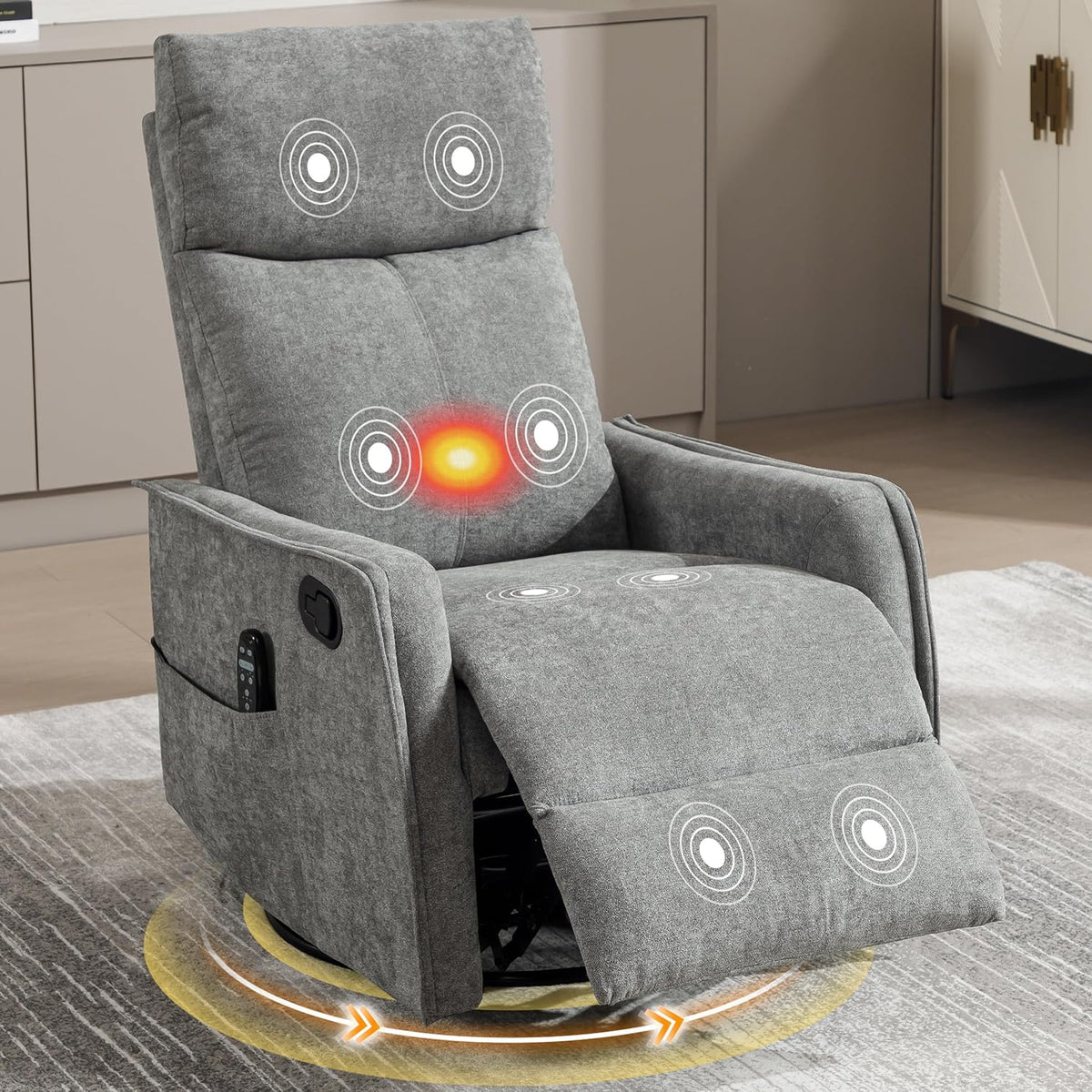 Manual 360° Swivel Rocker Recliner Chair for Adults, Overstuffed Glider Chair for Nursery with Vibration Massage and Heat, Comfy Soft Fabric Glider with Side Pockets for Living Room, Beige