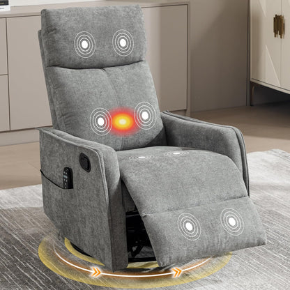 Manual 360° Swivel Rocker Recliner Chair for Adults, Overstuffed Glider Chair for Nursery with Vibration Massage and Heat, Comfy Soft Fabric Glider with Side Pockets for Living Room, Beige