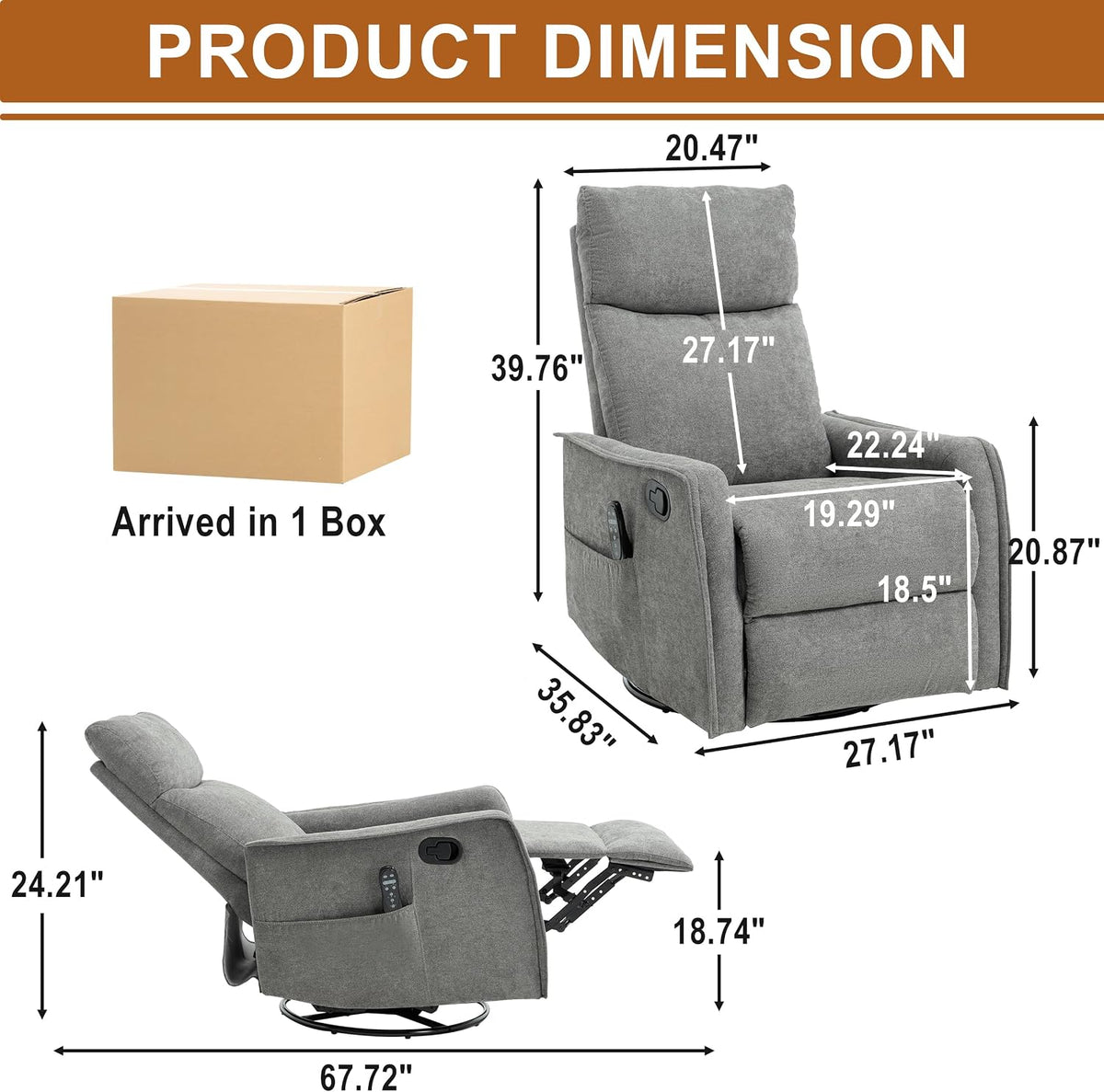 Manual 360° Swivel Rocker Recliner Chair for Adults, Overstuffed Glider Chair for Nursery with Vibration Massage and Heat, Comfy Soft Fabric Glider with Side Pockets for Living Room, Beige