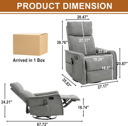 Manual 360° Swivel Rocker Recliner Chair for Adults, Overstuffed Glider Chair for Nursery with Vibration Massage and Heat, Comfy Soft Fabric Glider with Side Pockets for Living Room, Beige