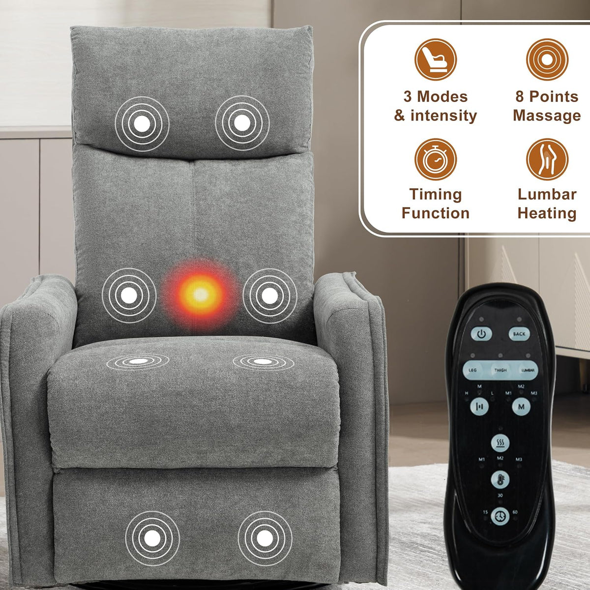 Manual 360° Swivel Rocker Recliner Chair for Adults, Overstuffed Glider Chair for Nursery with Vibration Massage and Heat, Comfy Soft Fabric Glider with Side Pockets for Living Room, Beige