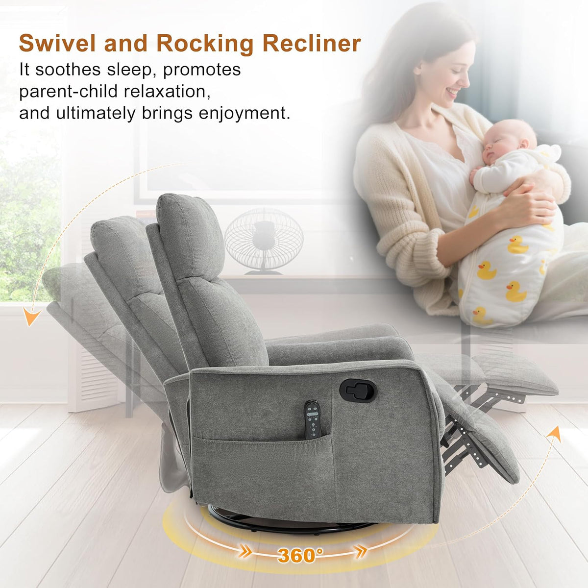 Manual 360° Swivel Rocker Recliner Chair for Adults, Overstuffed Glider Chair for Nursery with Vibration Massage and Heat, Comfy Soft Fabric Glider with Side Pockets for Living Room, Beige
