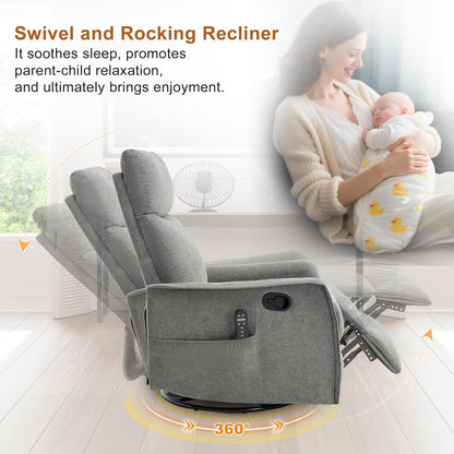 Manual 360° Swivel Rocker Recliner Chair for Adults, Overstuffed Glider Chair for Nursery with Vibration Massage and Heat, Comfy Soft Fabric Glider with Side Pockets for Living Room, Beige