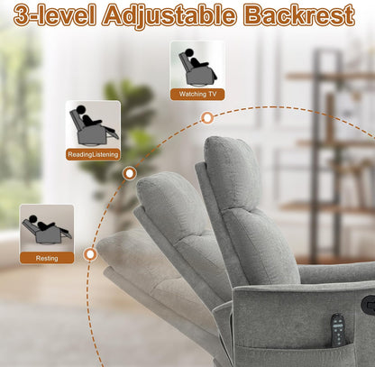Manual 360° Swivel Rocker Recliner Chair for Adults, Overstuffed Glider Chair for Nursery with Vibration Massage and Heat, Comfy Soft Fabric Glider with Side Pockets for Living Room, Beige