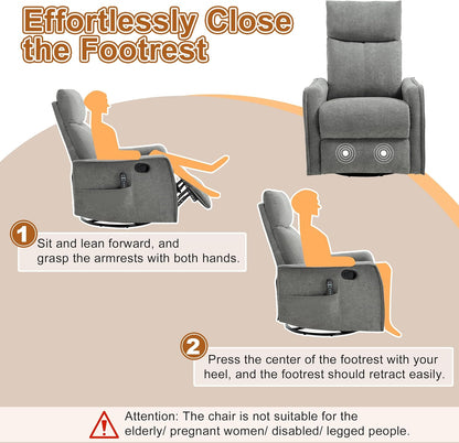 Manual 360° Swivel Rocker Recliner Chair for Adults, Overstuffed Glider Chair for Nursery with Vibration Massage and Heat, Comfy Soft Fabric Glider with Side Pockets for Living Room, Beige