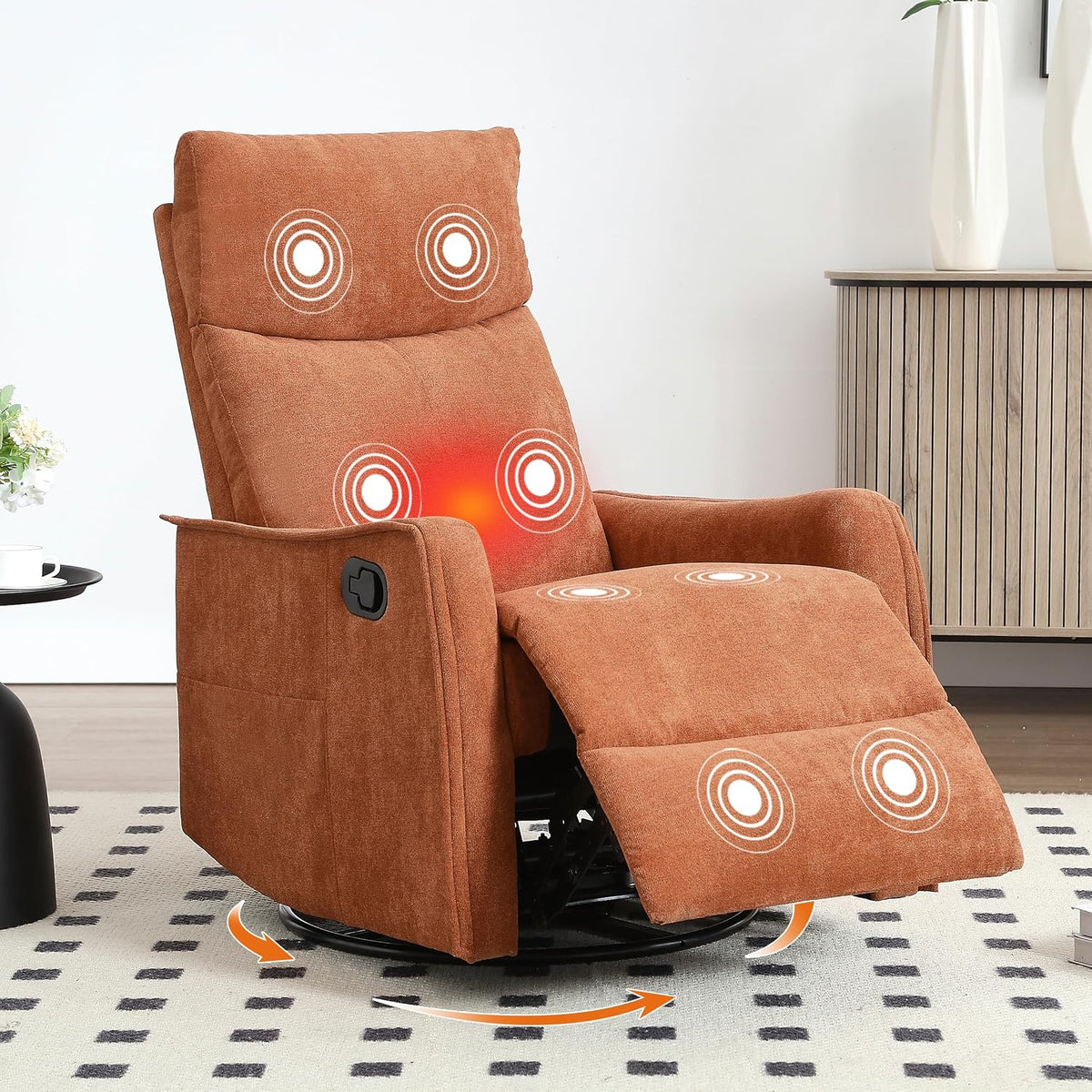 Manual 360° Swivel Rocker Recliner Chair for Adults, Overstuffed Glider Chair for Nursery with Vibration Massage and Heat, Comfy Soft Fabric Glider with Side Pockets for Living Room, Beige
