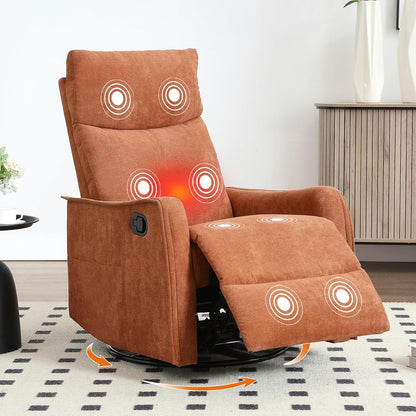 Manual 360° Swivel Rocker Recliner Chair for Adults, Overstuffed Glider Chair for Nursery with Vibration Massage and Heat, Comfy Soft Fabric Glider with Side Pockets for Living Room, Beige