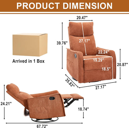Manual 360° Swivel Rocker Recliner Chair for Adults, Overstuffed Glider Chair for Nursery with Vibration Massage and Heat, Comfy Soft Fabric Glider with Side Pockets for Living Room, Beige