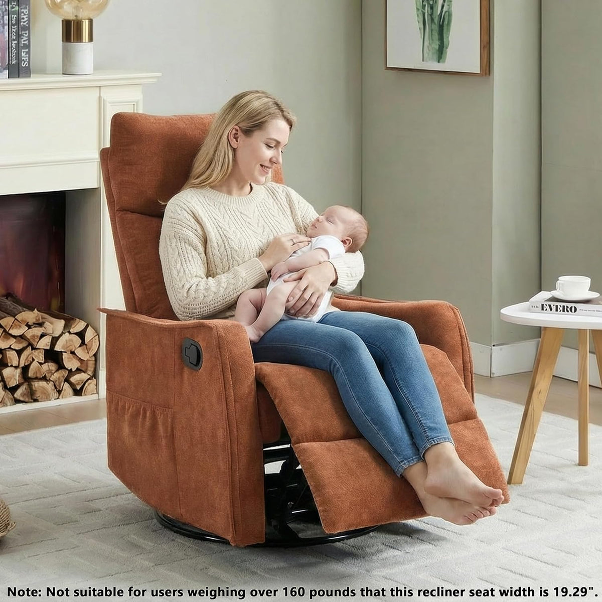Manual 360° Swivel Rocker Recliner Chair for Adults, Overstuffed Glider Chair for Nursery with Vibration Massage and Heat, Comfy Soft Fabric Glider with Side Pockets for Living Room, Beige