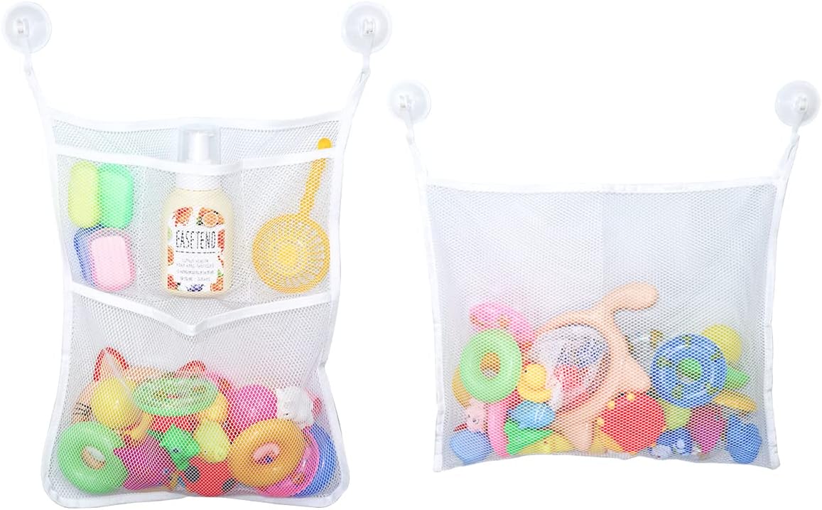 2 PCS Mesh Bathtub Toy Holder Bag, 18 x 14 Inch Bath Toy Organizer, 4 Ultra Strong Hooks, White