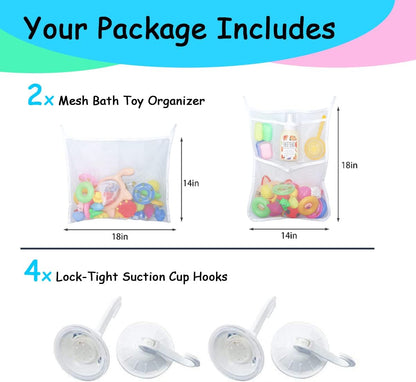 2 PCS Mesh Bathtub Toy Holder Bag, 18 x 14 Inch Bath Toy Organizer, 4 Ultra Strong Hooks, White