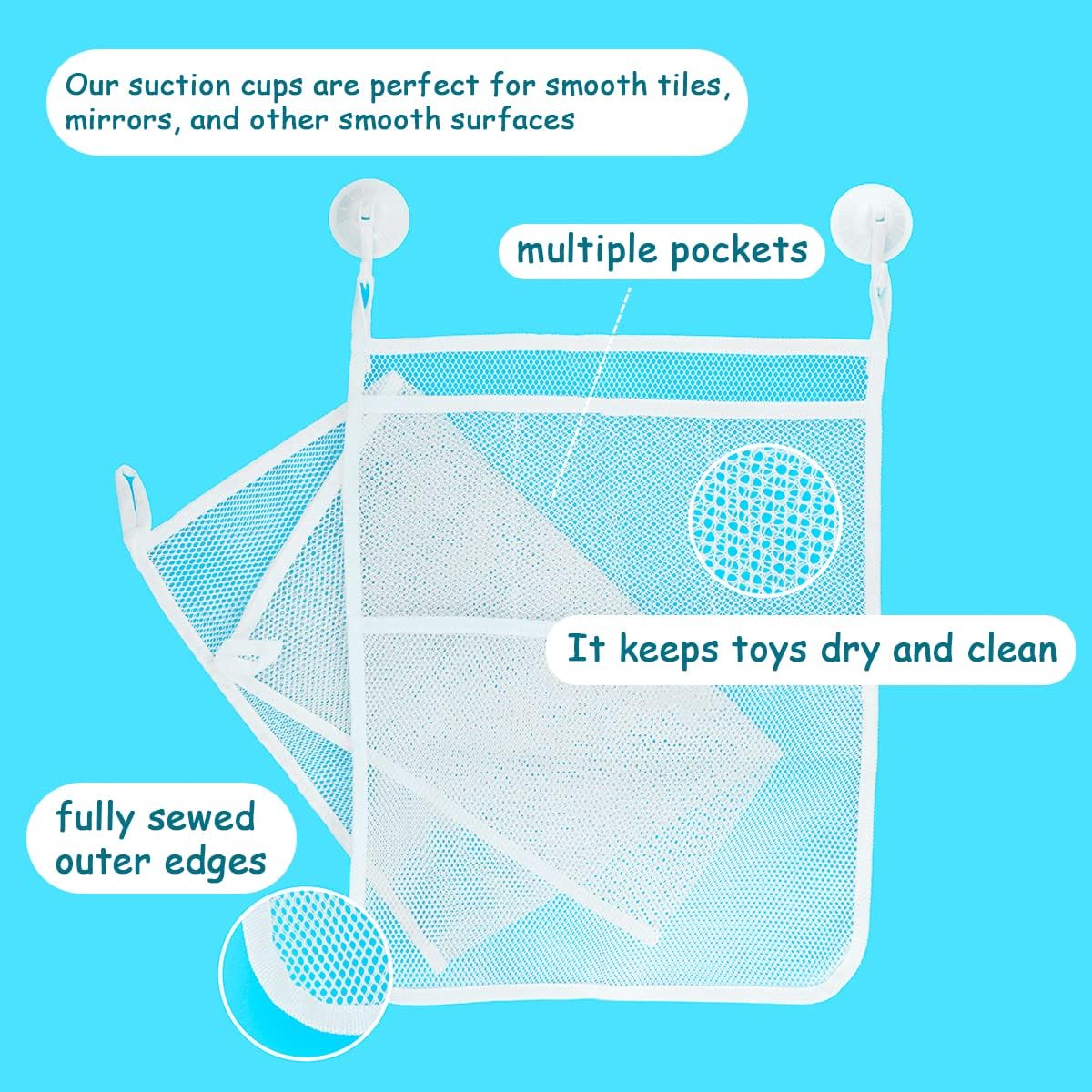2 PCS Mesh Bathtub Toy Holder Bag, 18 x 14 Inch Bath Toy Organizer, 4 Ultra Strong Hooks, White