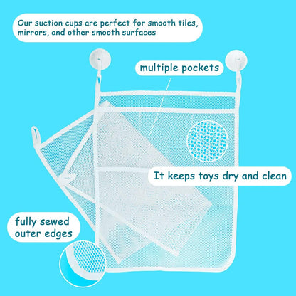 2 PCS Mesh Bathtub Toy Holder Bag, 18 x 14 Inch Bath Toy Organizer, 4 Ultra Strong Hooks, White