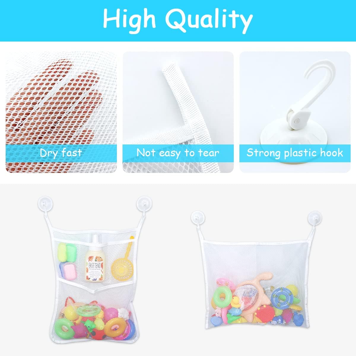 2 PCS Mesh Bathtub Toy Holder Bag, 18 x 14 Inch Bath Toy Organizer, 4 Ultra Strong Hooks, White