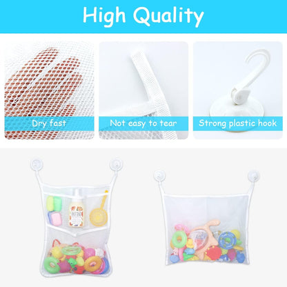 2 PCS Mesh Bathtub Toy Holder Bag, 18 x 14 Inch Bath Toy Organizer, 4 Ultra Strong Hooks, White