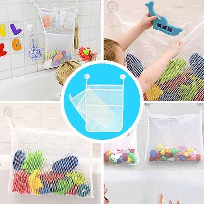 2 PCS Mesh Bathtub Toy Holder Bag, 18 x 14 Inch Bath Toy Organizer, 4 Ultra Strong Hooks, White
