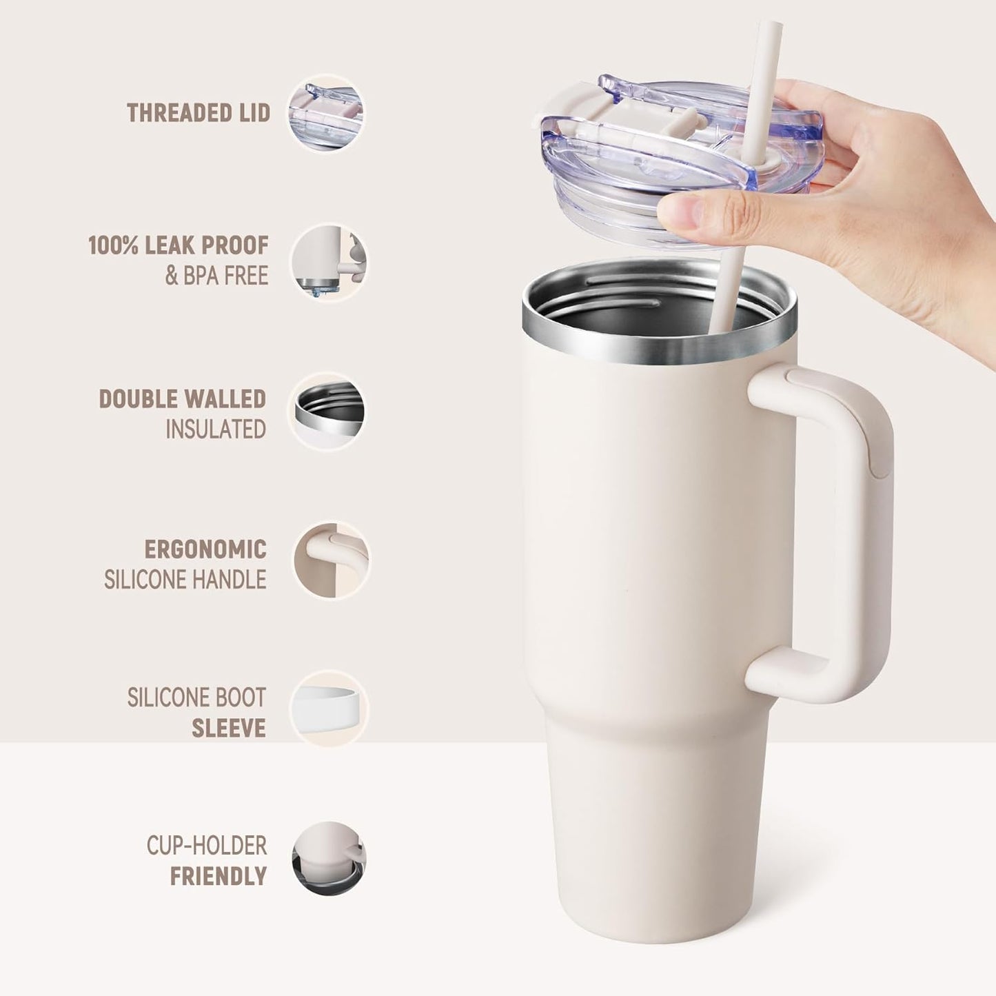 40 oz Tumbler With Handle and Straw, Insulated Tumbler With Leakproof Lids, Stainless Steel|BPA-Free, Cold for 24 H (Lavender)