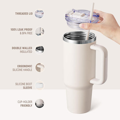 40 oz Tumbler With Handle and Straw, Insulated Tumbler With Leakproof Lids, Stainless Steel|BPA-Free, Cold for 24 H (Lavender)