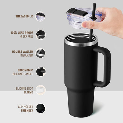 40 oz Tumbler With Handle and Straw, Insulated Tumbler With Leakproof Lids, Stainless Steel|BPA-Free, Cold for 24 H (Lavender)