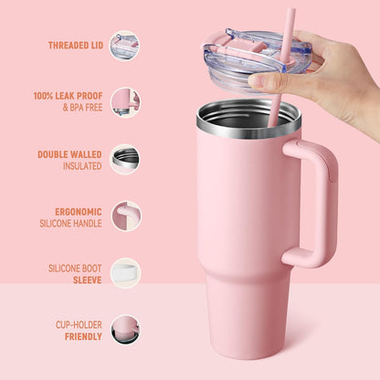 40 oz Tumbler With Handle and Straw, Insulated Tumbler With Leakproof Lids, Stainless Steel|BPA-Free, Cold for 24 H (Lavender)