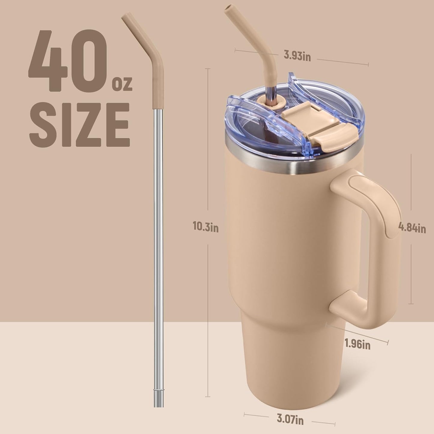 40 oz Tumbler With Handle and Straw, Insulated Tumbler With Leakproof Lids, Stainless Steel|BPA-Free, Cold for 24 H (Lavender)