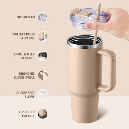 40 oz Tumbler With Handle and Straw, Insulated Tumbler With Leakproof Lids, Stainless Steel|BPA-Free, Cold for 24 H (Lavender)
