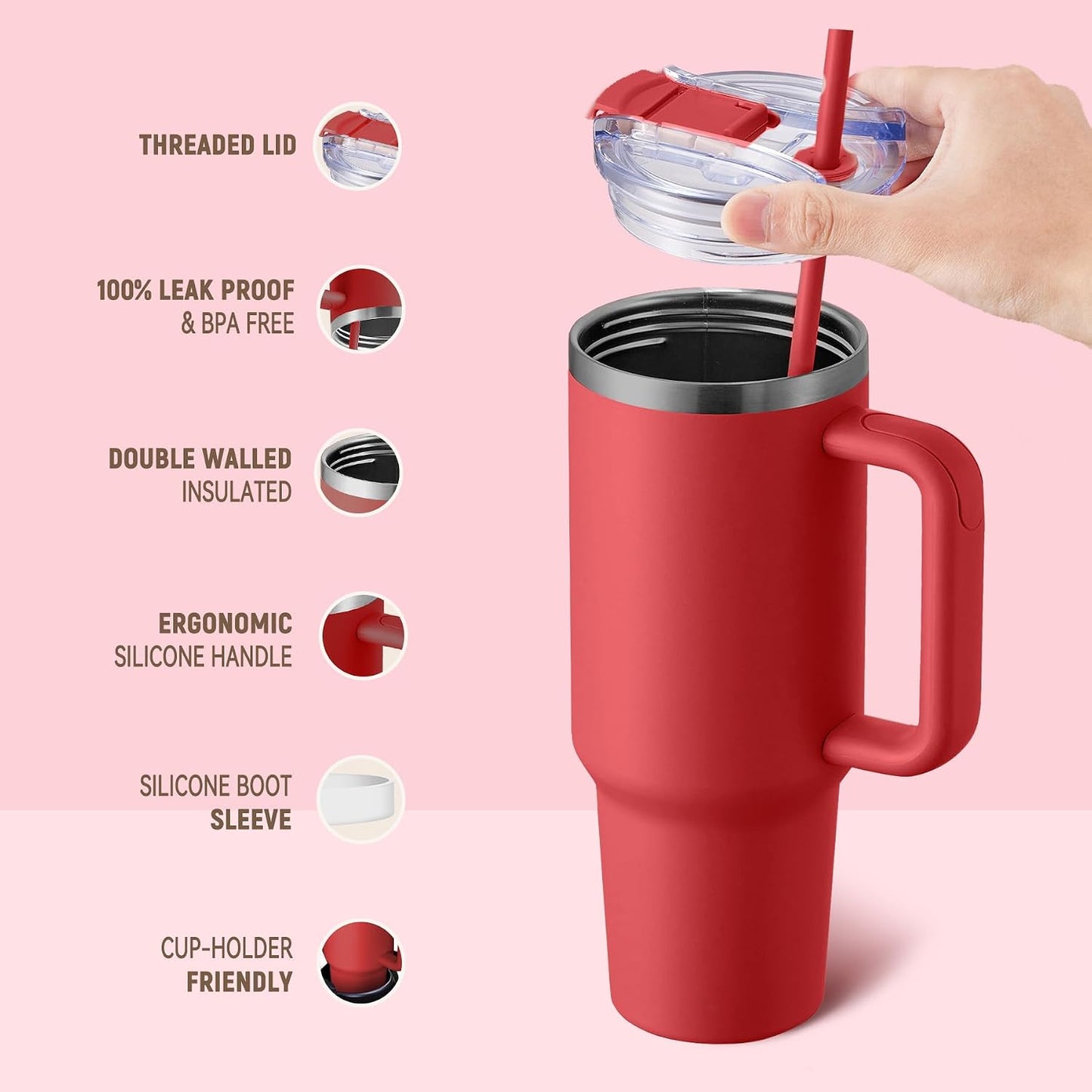 40 oz Tumbler With Handle and Straw, Insulated Tumbler With Leakproof Lids, Stainless Steel|BPA-Free, Cold for 24 H (Lavender)