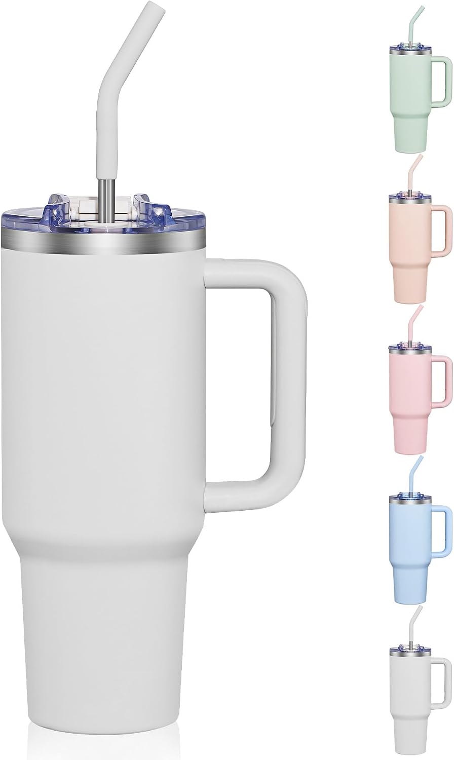 40 oz Tumbler With Handle and Straw, Insulated Tumbler With Leakproof Lids, Stainless Steel|BPA-Free, Cold for 24 H (Lavender)