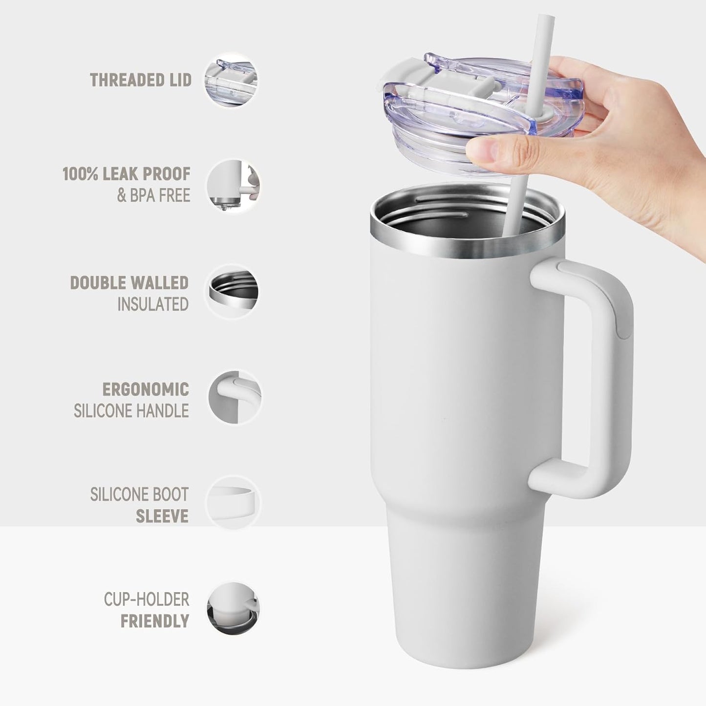 40 oz Tumbler With Handle and Straw, Insulated Tumbler With Leakproof Lids, Stainless Steel|BPA-Free, Cold for 24 H (Lavender)