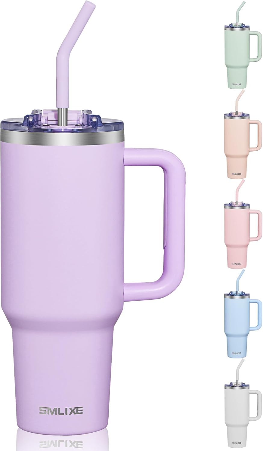 40 oz Tumbler With Handle and Straw, Insulated Tumbler With Leakproof Lids, Stainless Steel|BPA-Free, Cold for 24 H (Lavender)