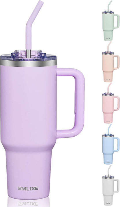 40 oz Tumbler With Handle and Straw, Insulated Tumbler With Leakproof Lids, Stainless Steel|BPA-Free, Cold for 24 H (Lavender)