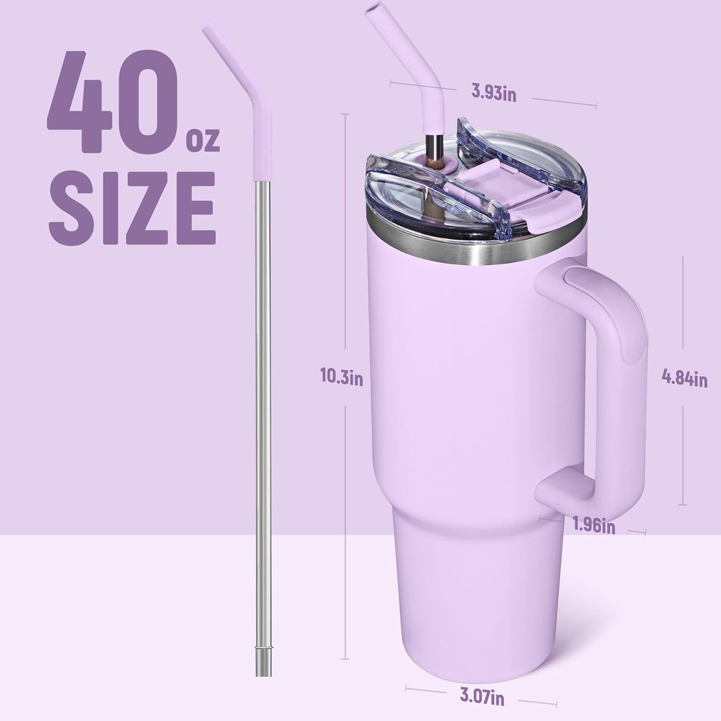 40 oz Tumbler With Handle and Straw, Insulated Tumbler With Leakproof Lids, Stainless Steel|BPA-Free, Cold for 24 H (Lavender)