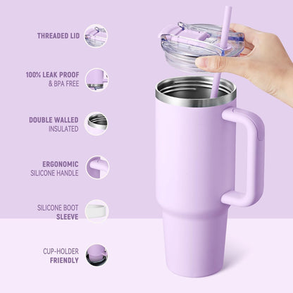 40 oz Tumbler With Handle and Straw, Insulated Tumbler With Leakproof Lids, Stainless Steel|BPA-Free, Cold for 24 H (Lavender)