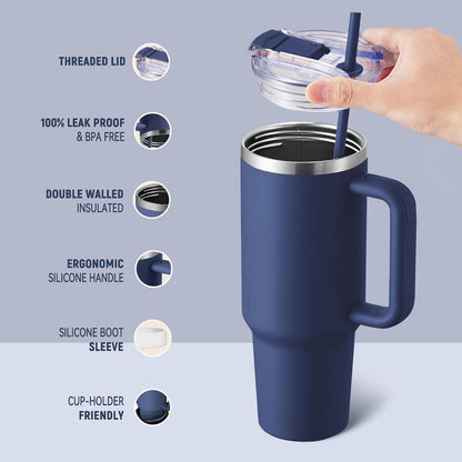 40 oz Tumbler With Handle and Straw, Insulated Tumbler With Leakproof Lids, Stainless Steel|BPA-Free, Cold for 24 H (Lavender)