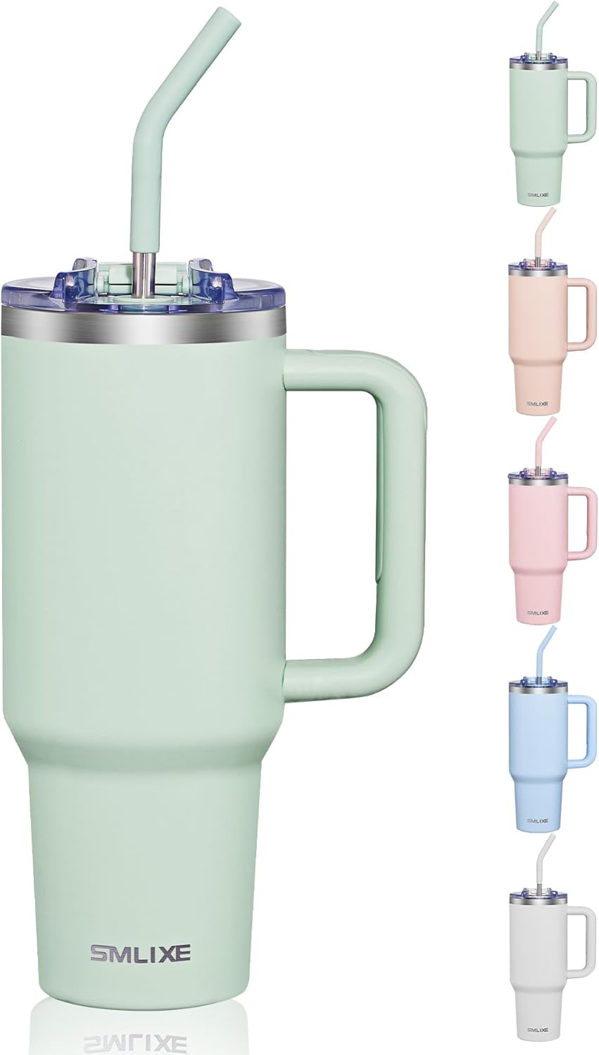 40 oz Tumbler With Handle and Straw, Insulated Tumbler With Leakproof Lids, Stainless Steel|BPA-Free, Cold for 24 H (Lavender)