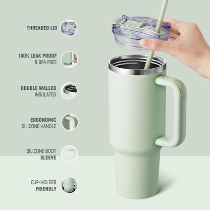 40 oz Tumbler With Handle and Straw, Insulated Tumbler With Leakproof Lids, Stainless Steel|BPA-Free, Cold for 24 H (Lavender)