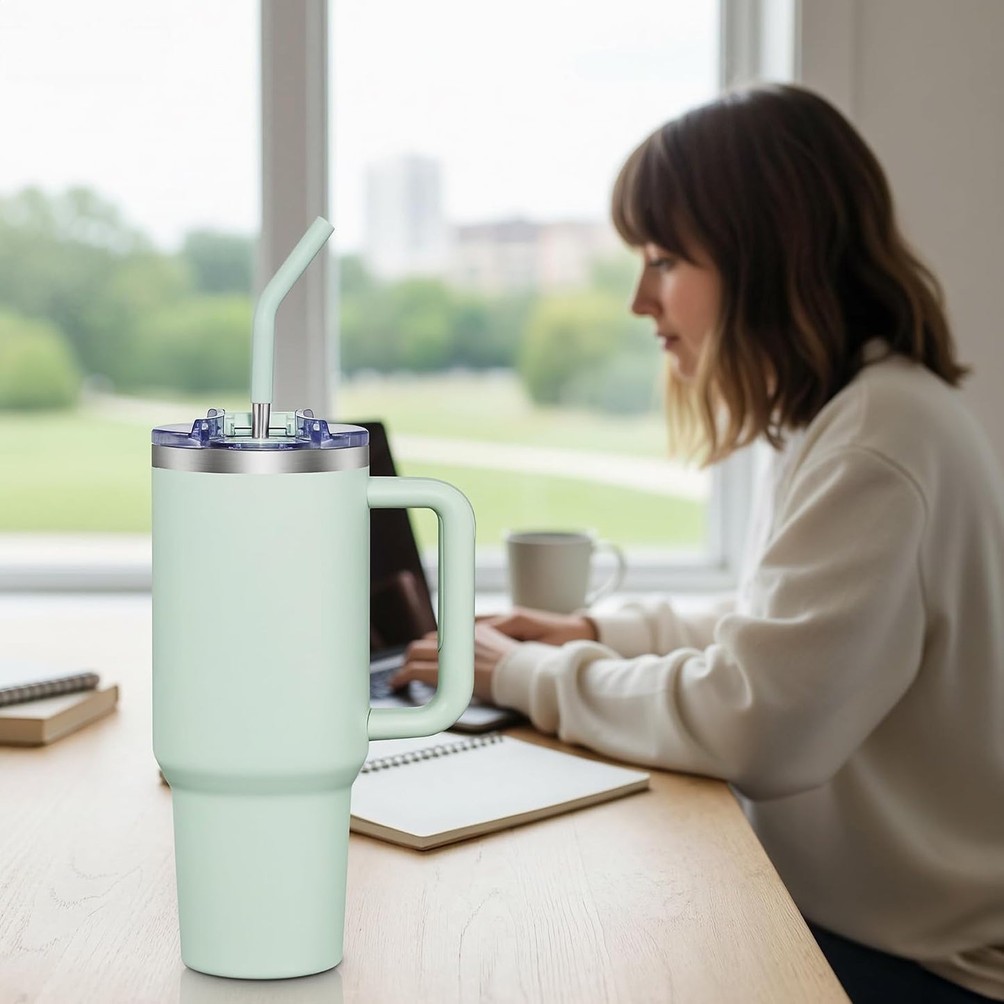 40 oz Tumbler With Handle and Straw, Insulated Tumbler With Leakproof Lids, Stainless Steel|BPA-Free, Cold for 24 H (Lavender)