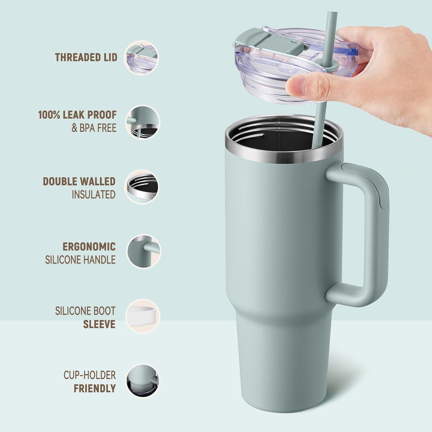 40 oz Tumbler With Handle and Straw, Insulated Tumbler With Leakproof Lids, Stainless Steel|BPA-Free, Cold for 24 H (Lavender)