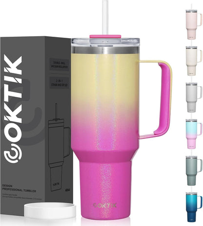 40 oz Tumbler With Handle and Straw, Insulated Tumbler With Leakproof Lids, Stainless Steel|BPA-Free, Cold for 24 H (Lavender)
