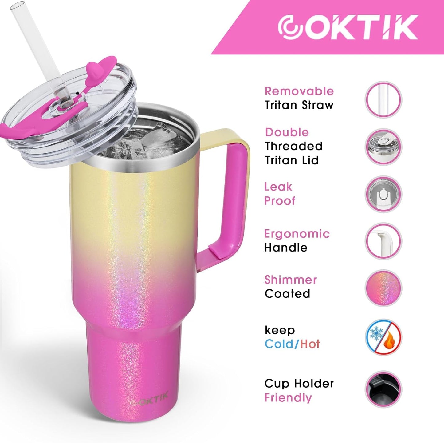 40 oz Tumbler With Handle and Straw, Insulated Tumbler With Leakproof Lids, Stainless Steel|BPA-Free, Cold for 24 H (Lavender)