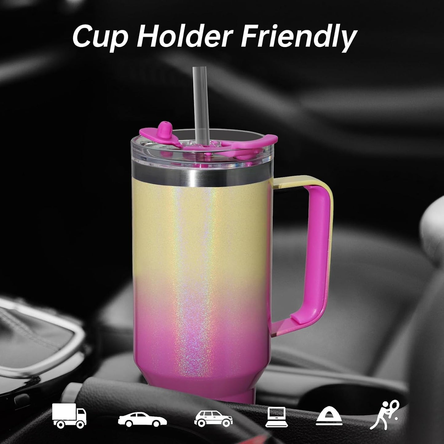 40 oz Tumbler With Handle and Straw, Insulated Tumbler With Leakproof Lids, Stainless Steel|BPA-Free, Cold for 24 H (Lavender)
