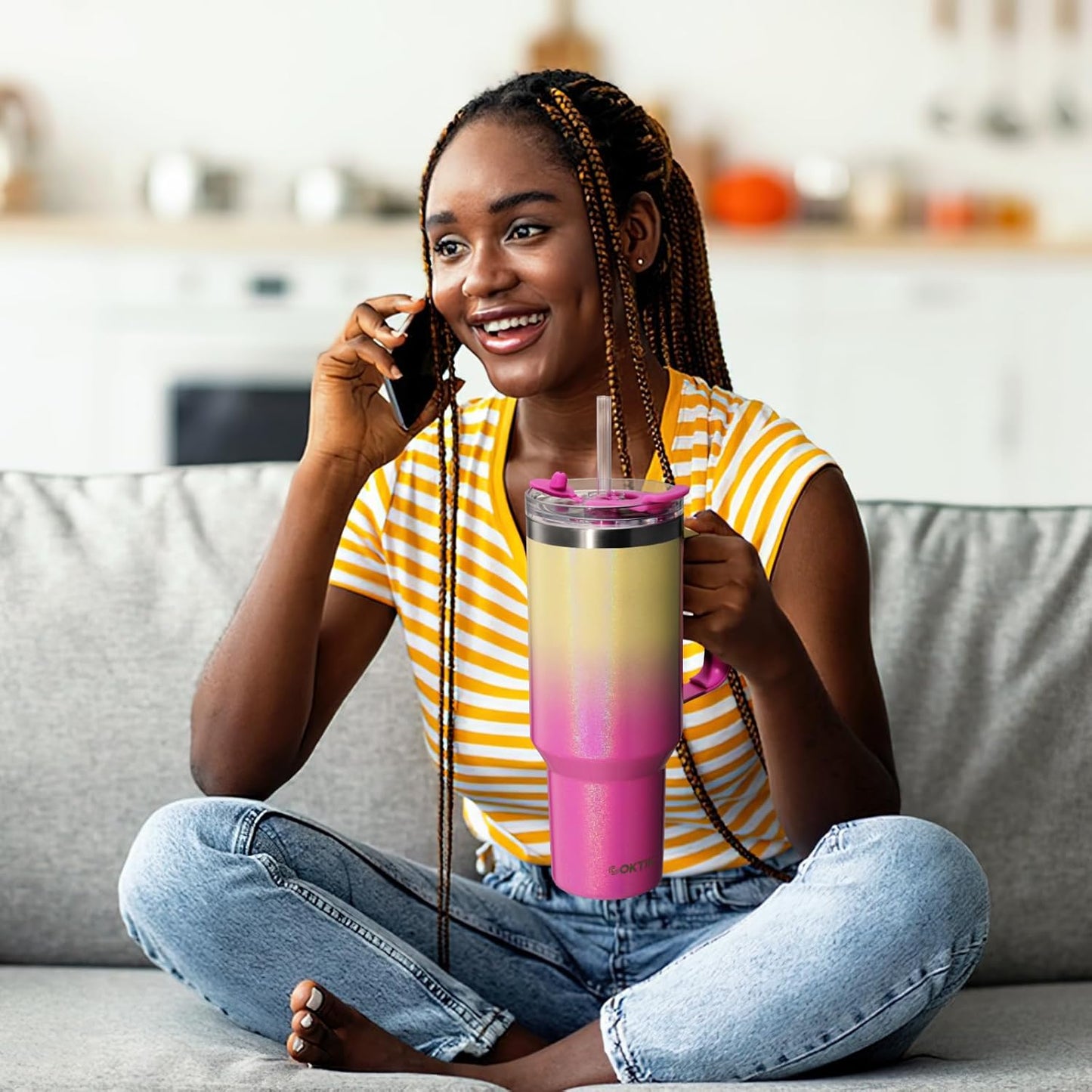40 oz Tumbler With Handle and Straw, Insulated Tumbler With Leakproof Lids, Stainless Steel|BPA-Free, Cold for 24 H (Lavender)
