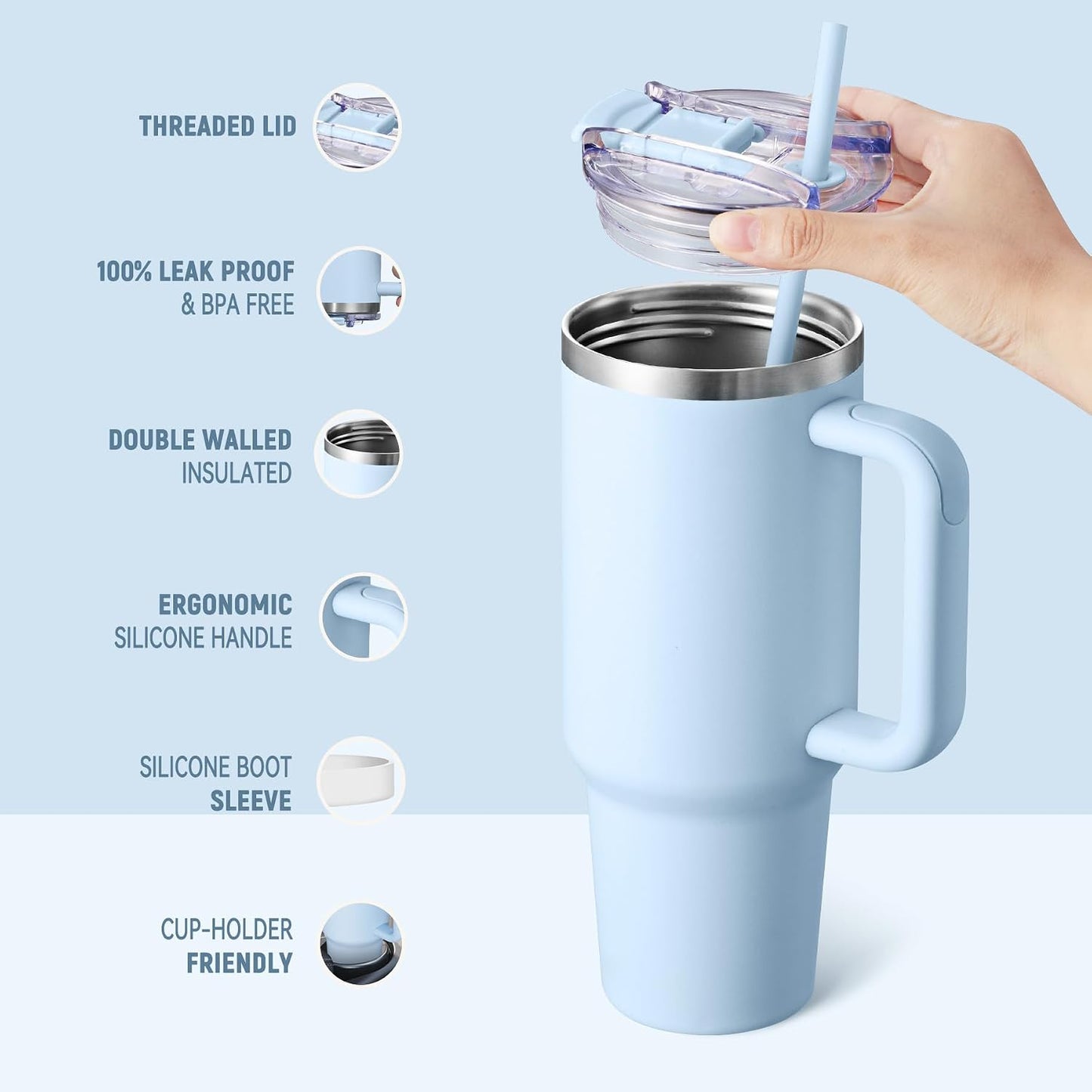 40 oz Tumbler With Handle and Straw, Insulated Tumbler With Leakproof Lids, Stainless Steel|BPA-Free, Cold for 24 H (Lavender)