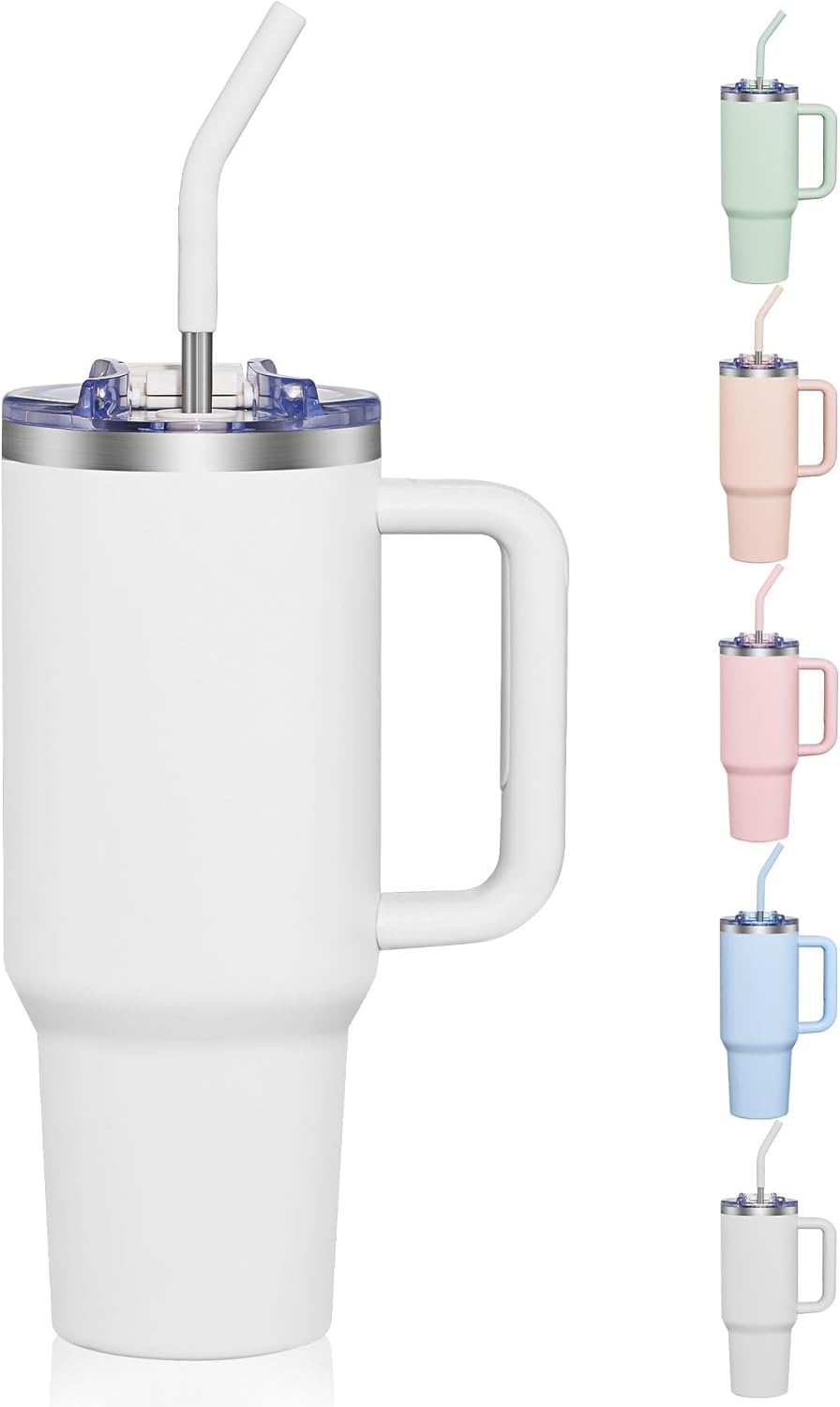 40 oz Tumbler With Handle and Straw, Insulated Tumbler With Leakproof Lids, Stainless Steel|BPA-Free, Cold for 24 H (Lavender)