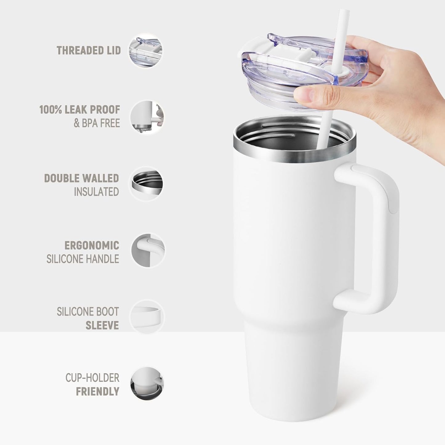 40 oz Tumbler With Handle and Straw, Insulated Tumbler With Leakproof Lids, Stainless Steel|BPA-Free, Cold for 24 H (Lavender)